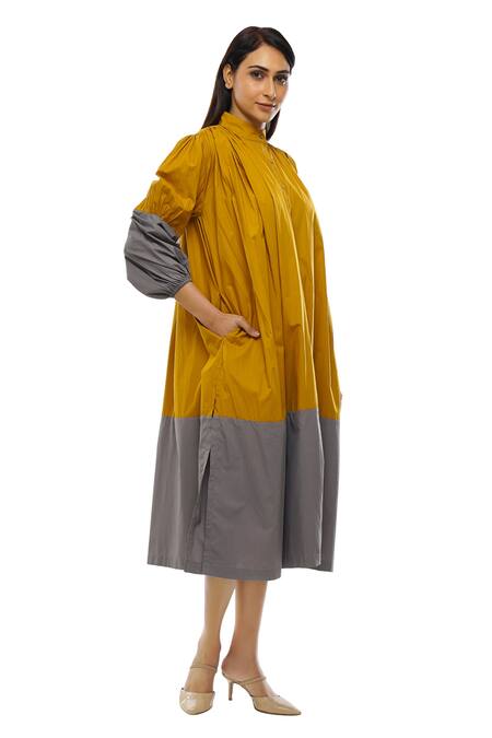 Shop_Khat_Yellow Cotton Mandarin Collar Color Block Poplin Dress _Online_at_Aza_Fashions