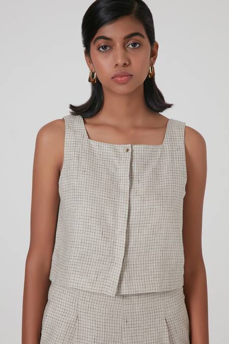 The Summer House_Beige Axel Linen Crop Top_Online_at_Aza_Fashions