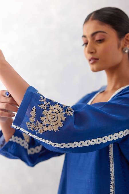 Buy_Devnaagri_Blue , Chanderi, Organza Beads, Sequins, Dori Kurta Palazzo Set _Online_at_Aza_Fashions