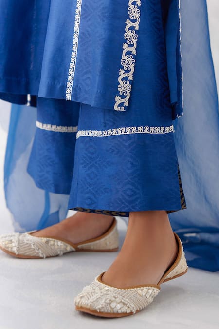 Devnaagri_Blue , Chanderi, Organza Beads, Sequins, Dori Kurta Palazzo Set _at_Aza_Fashions
