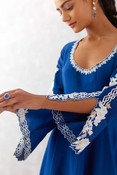 Devnaagri Blue Cotton, , Organza Embroidery Anarkali Set With Dupatta And Palazzo Online at Aza Fashions Devnaagri_Blue Cotton, , Organza Embroidery Anarkali Set With Dupatta And Palazzo _Online_at_Aza_Fashions