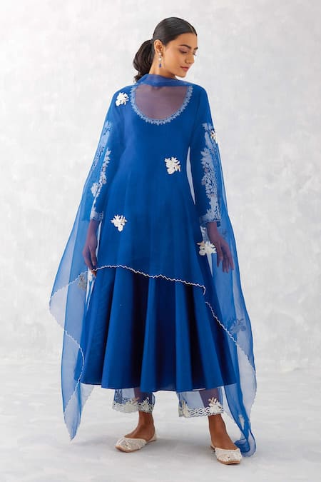 Shop Devnaagri Blue Cotton, , Organza Embroidery Anarkali Set With Dupatta And Palazzo Online at Aza Fashions Shop_Devnaagri_Blue Cotton, , Organza Embroidery Anarkali Set With Dupatta And Palazzo _Online_at_Aza_Fashions
