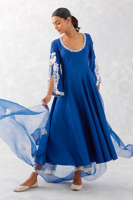 Devnaagri Blue Cotton Blend And Organza Embroidered Slit Sleeve Anarkali Set 