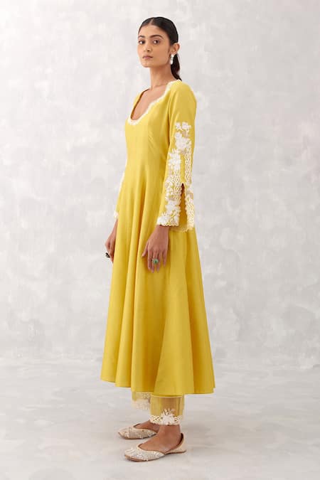 Buy_Devnaagri_Yellow Cotton, Organza, Embroidery Round Neck Anarkali Palazzo Set _Online_at_Aza_Fashions