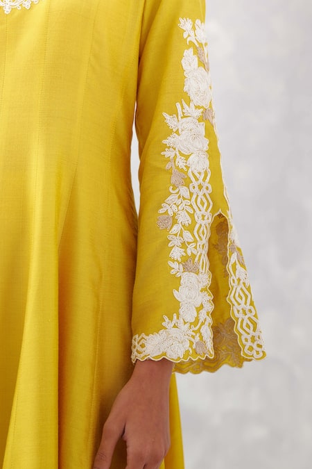 Devnaagri_Yellow Cotton, Organza, Embroidery Round Neck Anarkali Palazzo Set _at_Aza_Fashions