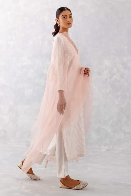 Shop Devnaagri Ivory Cotton, Organza, Embroidery Pintucked Kurta Straight Pant Set Online at Aza Fashions Shop_Devnaagri_Ivory Cotton, Organza, Embroidery Pintucked Kurta Straight Pant Set _Online_at_Aza_Fashions