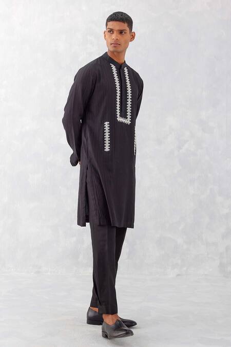 Devnaagri_Black Chanderi, Cotton Lace Embroidered Placket Kurta With Pant _Online_at_Aza_Fashions