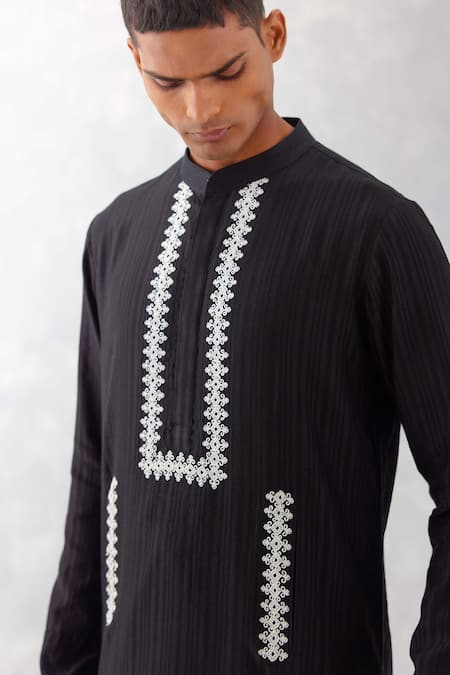 Buy_Devnaagri_Black Chanderi, Cotton Lace Embroidered Placket Kurta With Pant _Online_at_Aza_Fashions