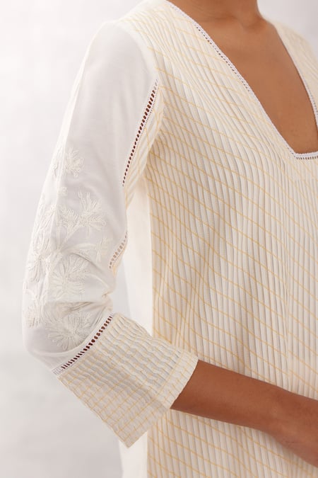 Buy Devnaagri Yellow Cotton, , Organza Embroidery, Pintucked Straight Kurta Pant Set Online at Aza Fashions Buy_Devnaagri_Yellow Cotton, , Organza Embroidery, Pintucked Straight Kurta Pant Set _Online_at_Aza_Fashions