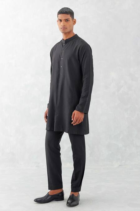 Devnaagri_Black Linen, Satin, Silk, Cotton Bundi Kurta Set _Online_at_Aza_Fashions