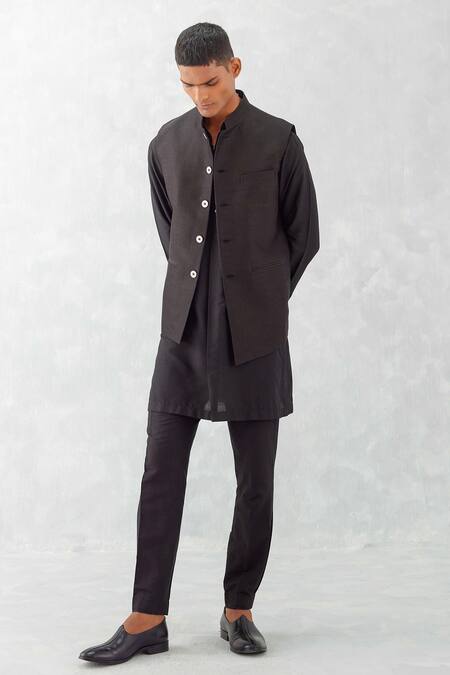 Buy_Devnaagri_Black Linen, Satin, Silk, Cotton Bundi Kurta Set _Online_at_Aza_Fashions