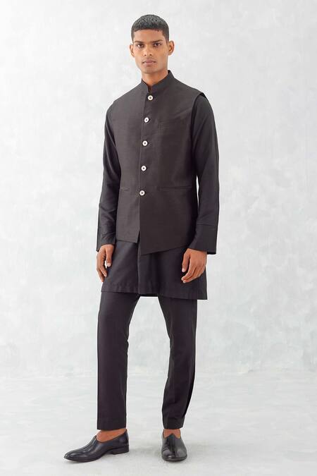 Shop_Devnaagri_Black Linen, Satin, Silk, Cotton Bundi Kurta Set _Online_at_Aza_Fashions