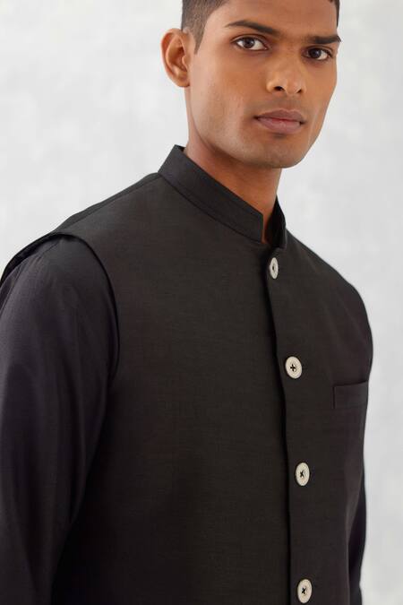 Devnaagri_Black Linen, Satin, Silk, Cotton Bundi Kurta Set _at_Aza_Fashions