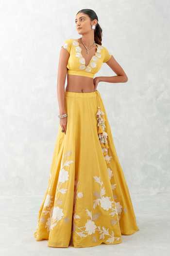 Devnaagri_Yellow Cotton Silk Satin Floral Embroidered Lehenga Set With Sheer Dupatta_Online_at_Aza_Fashions