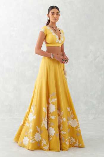 Buy_Devnaagri_Yellow Cotton Silk Satin Floral Embroidered Lehenga Set With Sheer Dupatta_Online_at_Aza_Fashions