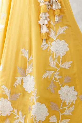 Shop_Devnaagri_Yellow Cotton Silk Satin Floral Embroidered Lehenga Set With Sheer Dupatta_Online_at_Aza_Fashions