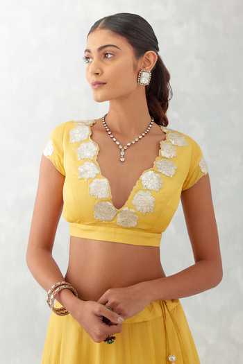 Devnaagri_Yellow Cotton Silk Satin Floral Embroidered Lehenga Set With Sheer Dupatta_at_Aza_Fashions