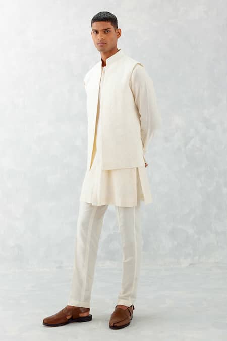 Devnaagri_Ivory Linen, Cotton, Silk Embroidery Tonal Flower Bundi And Kurta Set _Online_at_Aza_Fashions