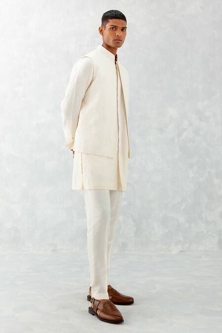 Buy_Devnaagri_Ivory Linen, Cotton, Silk Embroidery Tonal Flower Bundi And Kurta Set _Online_at_Aza_Fashions