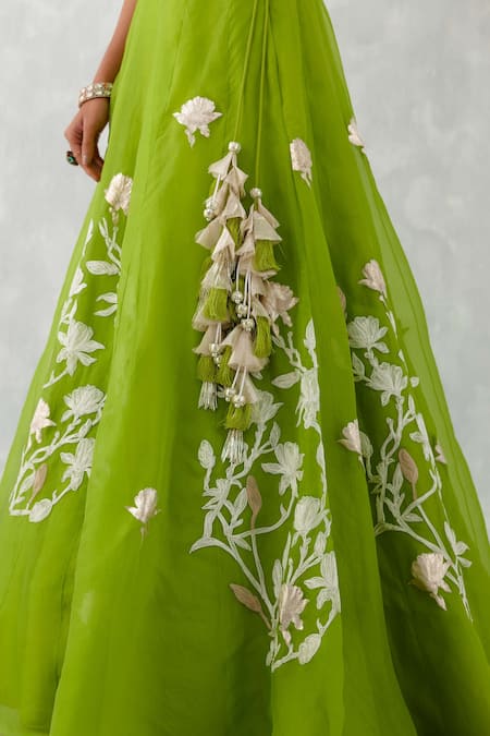 Devnaagri_Green Silk Organza Embroidery, Tassels, Cut Work Floral Pattern Lehenga Set _Online_at_Aza_Fashions