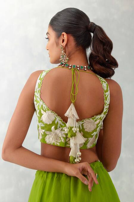 Shop_Devnaagri_Green Silk Organza Embroidery, Tassels, Cut Work Floral Pattern Lehenga Set _Online_at_Aza_Fashions