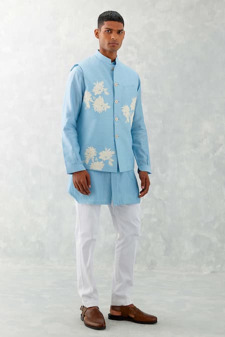 Devnaagri Blue Linen, Silk, Cotton Embroidery Flower Bloom Bundi Set Online at Aza Fashions Devnaagri_Blue Linen, Silk, Cotton Embroidery Flower Bloom Bundi Set _Online_at_Aza_Fashions