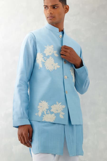 Buy Devnaagri Blue Linen, Silk, Cotton Embroidery Flower Bloom Bundi Set Online at Aza Fashions Buy_Devnaagri_Blue Linen, Silk, Cotton Embroidery Flower Bloom Bundi Set _Online_at_Aza_Fashions