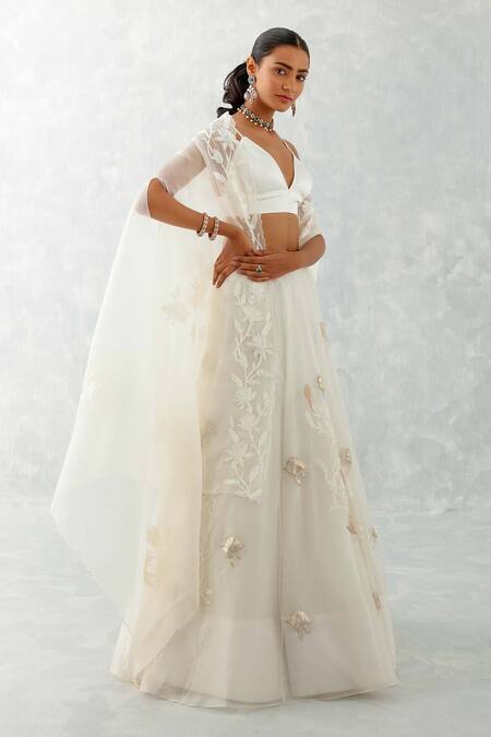 Buy_Devnaagri_Ivory Gabardine, Organza, Embroidery Floral Cape And Lehenga Set _Online_at_Aza_Fashions