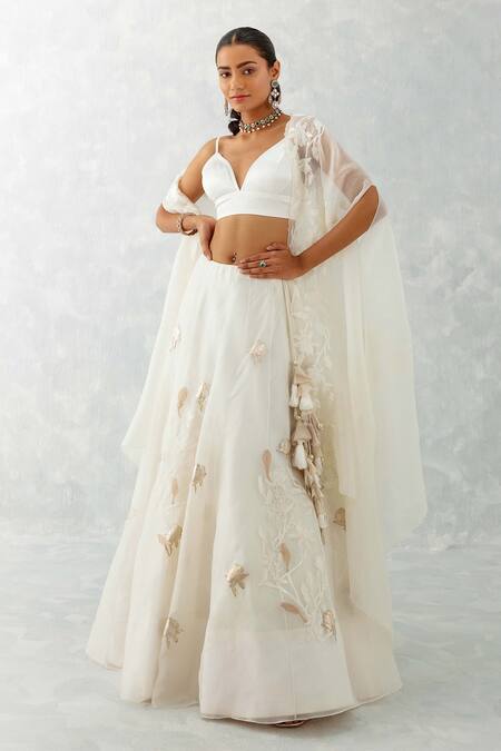 Shop_Devnaagri_Ivory Gabardine, Organza, Embroidery Floral Cape And Lehenga Set _Online_at_Aza_Fashions