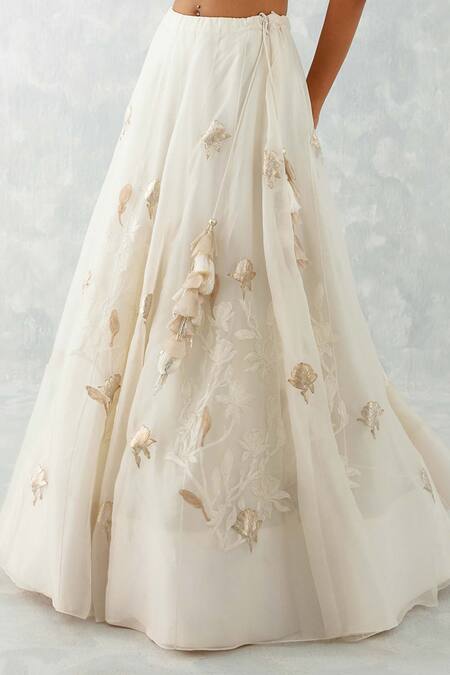 Devnaagri_Ivory Gabardine, Organza, Embroidery Floral Cape And Lehenga Set _at_Aza_Fashions