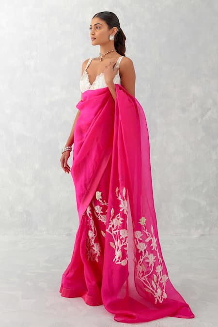 Devnaagri_Fuchsia Cotton, Organza, Satin Embroidery Sheer Saree With Blouse _Online_at_Aza_Fashions