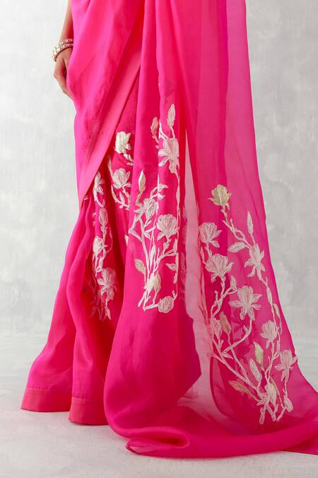 Shop_Devnaagri_Fuchsia Cotton, Organza, Satin Embroidery Sheer Saree With Blouse 