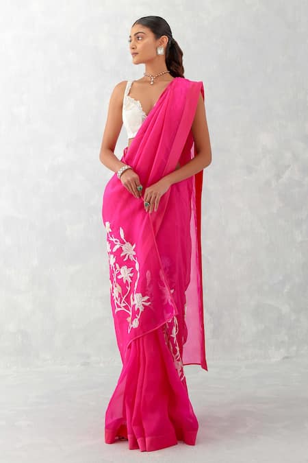 Buy_Devnaagri_Fuchsia Cotton, Organza, Satin Embroidery Sheer Saree With Blouse _Online_at_Aza_Fashions