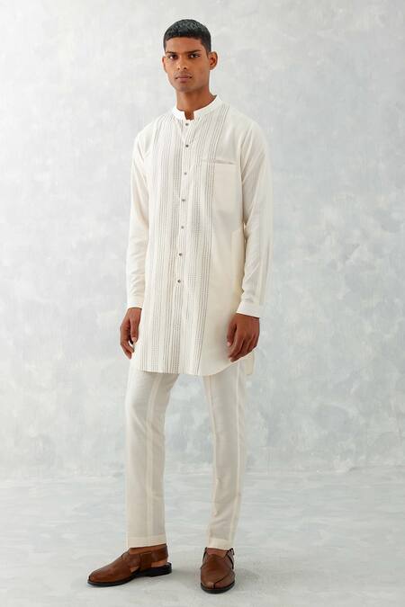 Devnaagri_Ivory Cotton, Silk Embroidery Thread Kurta With Pant _Online_at_Aza_Fashions