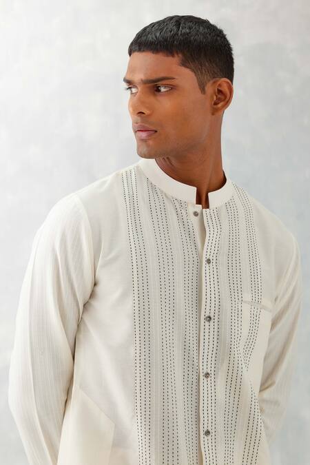 Buy_Devnaagri_Ivory Cotton, Silk Embroidery Thread Kurta With Pant _Online_at_Aza_Fashions