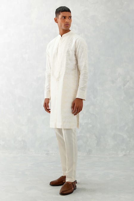 Devnaagri_Ivory Silk, Chanderi, Polyester Lace Ikat Pattern Kurta With Pant _Online_at_Aza_Fashions