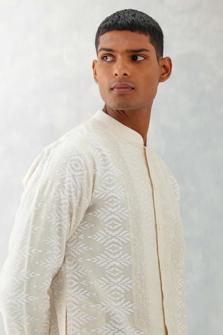 Buy_Devnaagri_Ivory Silk, Chanderi, Polyester Lace Ikat Pattern Kurta With Pant _Online_at_Aza_Fashions