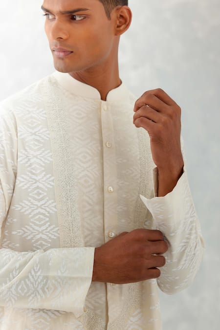 Shop_Devnaagri_Ivory Silk, Chanderi, Polyester Lace Ikat Pattern Kurta With Pant _Online_at_Aza_Fashions