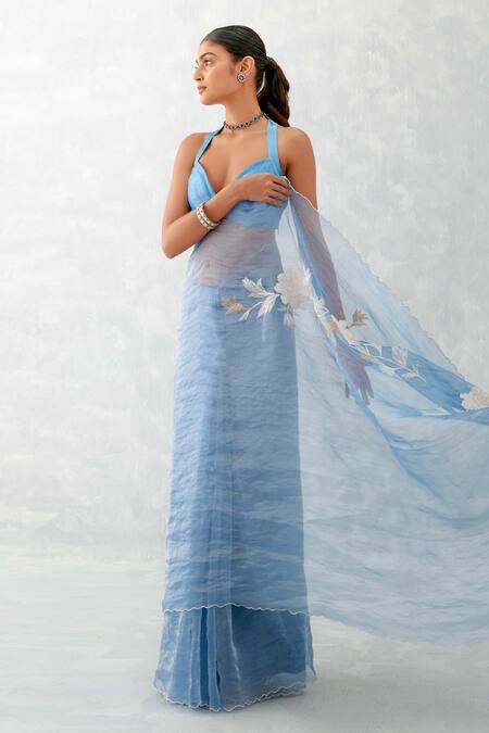 Devnaagri Blue Shimmer Organza Sheer Saree With Blouse Online at Aza Fashions Devnaagri_Blue Shimmer Organza Sheer Saree With Blouse_Online_at_Aza_Fashions