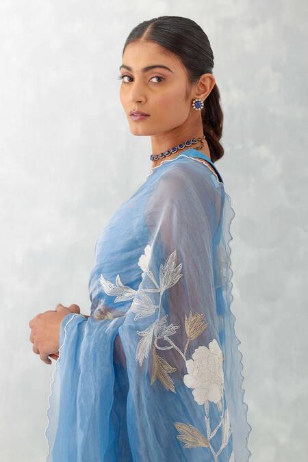 Shop Devnaagri Blue Shimmer Organza Sheer Saree With Blouse Online at Aza Fashions Shop_Devnaagri_Blue Shimmer Organza Sheer Saree With Blouse_Online_at_Aza_Fashions