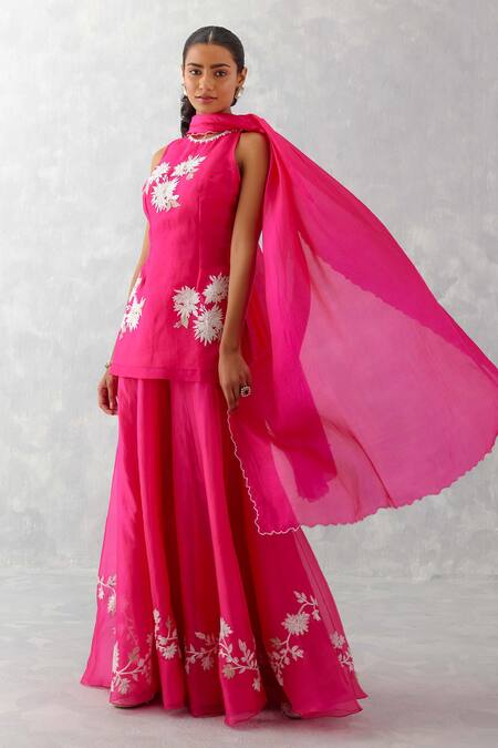 Devnaagri_Fuchsia Organza And Tabby Embroidery Floral Short Kurta Sharara Set _Online_at_Aza_Fashions