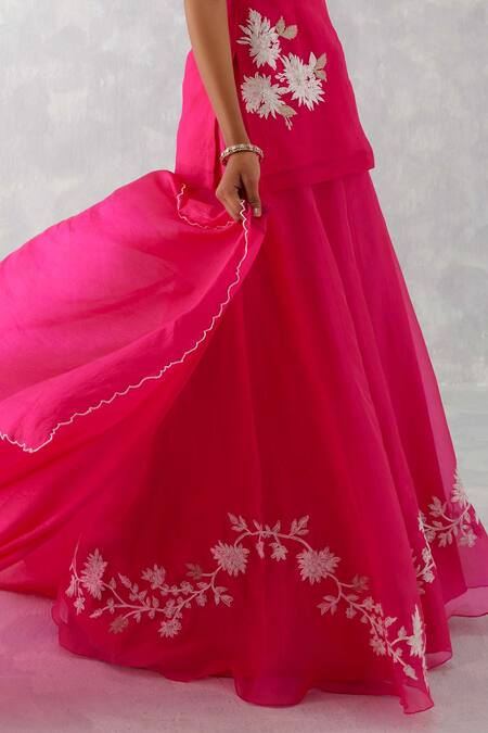 Buy_Devnaagri_Fuchsia Organza And Tabby Embroidery Floral Short Kurta Sharara Set _Online_at_Aza_Fashions