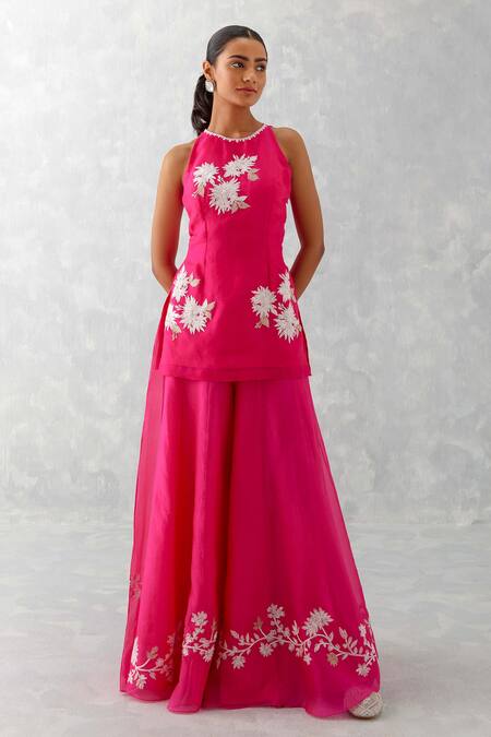 Shop_Devnaagri_Fuchsia Organza And Tabby Embroidery Floral Short Kurta Sharara Set _Online_at_Aza_Fashions