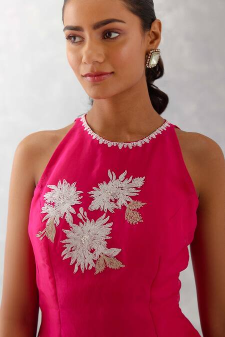 Devnaagri_Fuchsia Organza And Tabby Embroidery Floral Short Kurta Sharara Set _at_Aza_Fashions