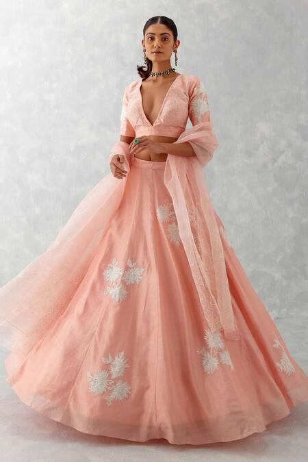 Devnaagri_Pink Silk , Silk, Embroidery, Placement Floral Lehenga Set _Online_at_Aza_Fashions