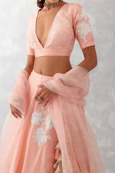 Buy_Devnaagri_Pink Silk , Silk, Embroidery, Placement Floral Lehenga Set _Online_at_Aza_Fashions