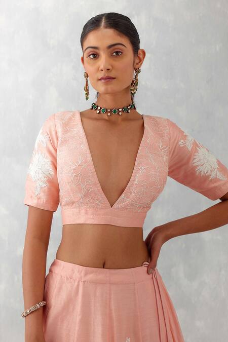 Shop_Devnaagri_Pink Silk , Silk, Embroidery, Placement Floral Lehenga Set _Online_at_Aza_Fashions