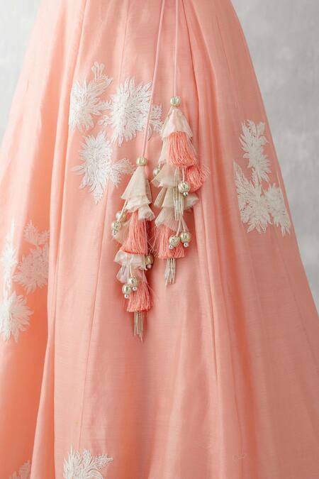 Devnaagri_Pink Silk , Silk, Embroidery, Placement Floral Lehenga Set _at_Aza_Fashions