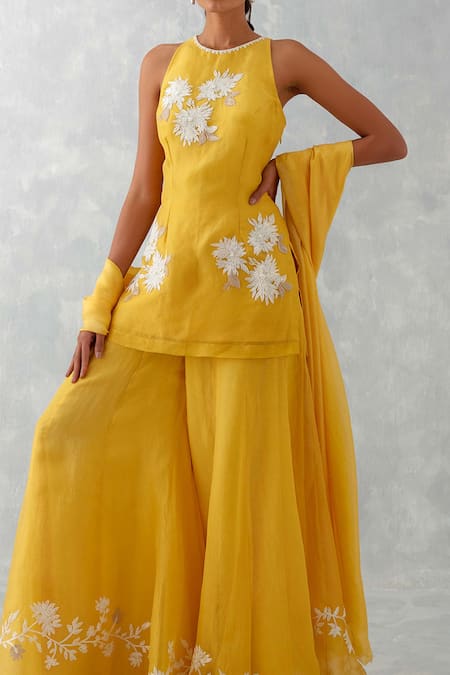 Shop Devnaagri Yellow Organza, Embroidery, Pearls Round Floral Kurta Sharara Set Online at Aza Fashions Shop_Devnaagri_Yellow Organza, Embroidery, Pearls Round Floral Kurta Sharara Set _Online_at_Aza_Fashions