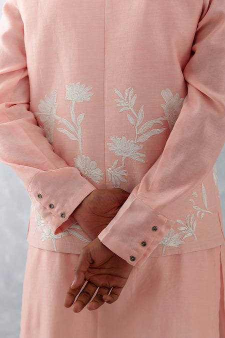 Devnaagri Pink Linen, Cotton, Silk Embroidery Flower Lace Bundi Set at Aza Fashions Devnaagri_Pink Linen, Cotton, Silk Embroidery Flower Lace Bundi Set _at_Aza_Fashions